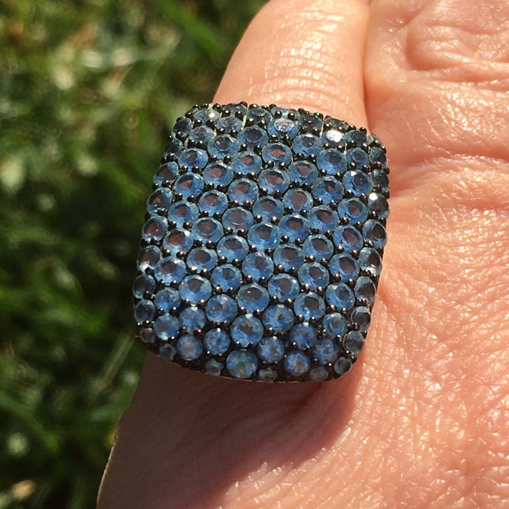925 Silver Aqua Blue Pave Solid Rectangular Statement Ring Size 7